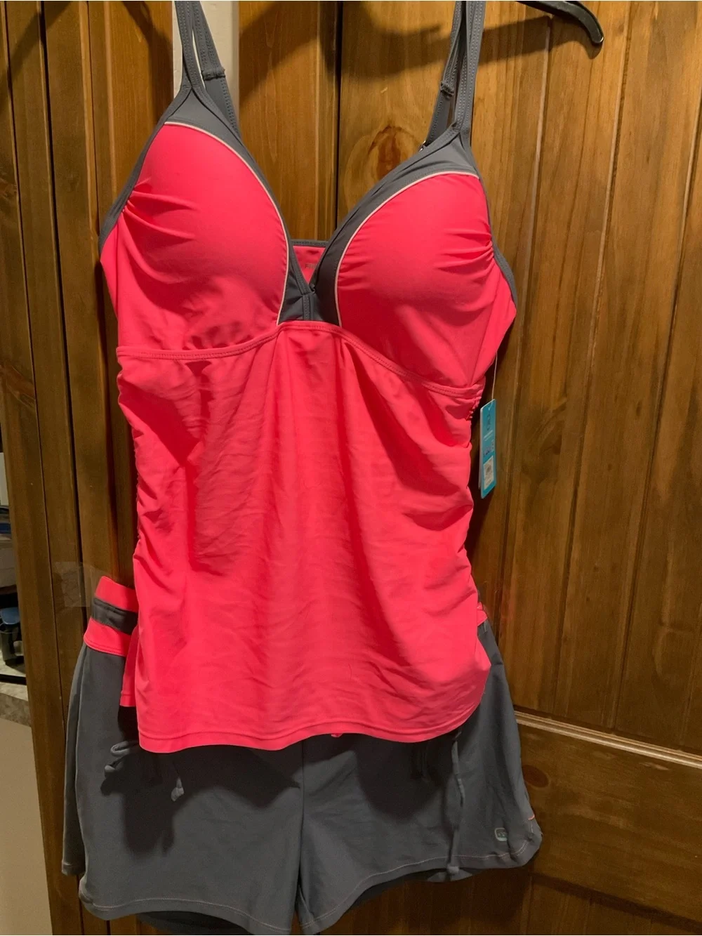 Free Country Coral Pink and Gray One-Piece Tankini with Attached Shorts